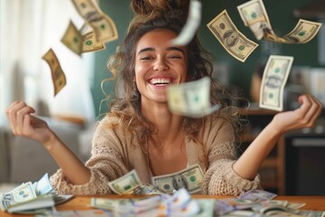 A stylish woman gleefully tosses money in the air, her radiant smile matching the bold patterns of her clothing as she stands against a textured wall adorned with fashionable accessories