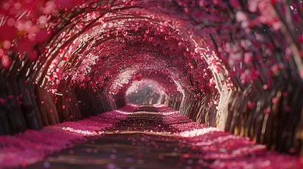 Fotobehang The romantic tunnel of pink flower trees. Generative Ai © mahaart