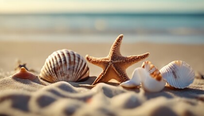 sea star and shells on the sandy beach