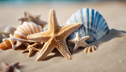 Fototapeta na wymiar sea star and shells on the sandy beach