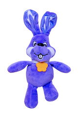 A cute blue plush bunny with heart pendant isolated on a white background. Easter greeting card decoration item with space for design. Bright plush animal.