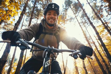 A joyous cyclist smiles as he rides his bicycle through the colorful autumn trees, surrounded by nature's beauty and the exhilarating rush of outdoor recreation