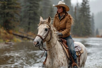 A fearless wrangler gracefully navigates her majestic mare through the tranquil river, adorned in equestrian clothing and tack, their bond unbreakable as they conquer the great outdoors together - obrazy, fototapety, plakaty