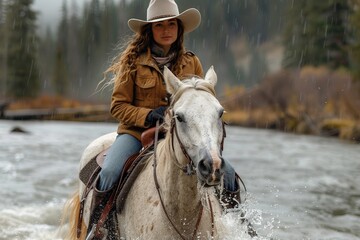 A brave woman gallops through the pouring rain, her brown mare adorned with horse supplies and dressed in equestrian clothing, their bond strengthened by the shared love of riding in the winter