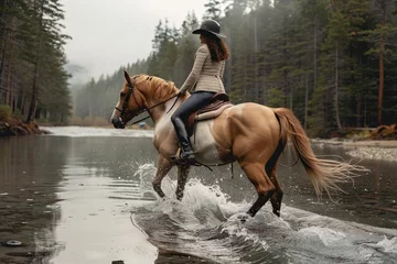 Foto op Plexiglas A fierce equestrian glides through the tranquil waters, her trusty stallion navigating through the trees as she reigns with grace and power © Sasa