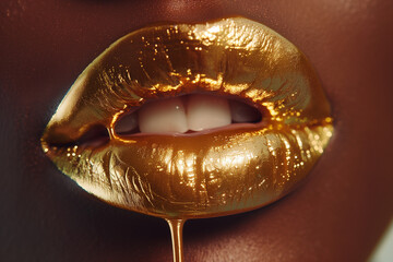 Golden Lipstick Dripping on Woman's Lips, High-End Fashion Makeup Concept
