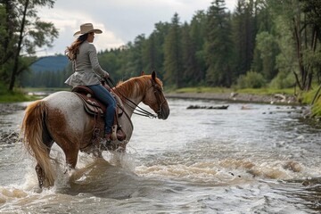 A brave woman gracefully navigates the tranquil river on her majestic stallion, with only a bridle and saddle connecting them as they explore the beauty of nature together