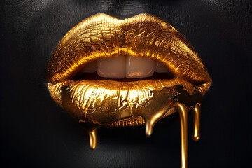 Sensual Golden Lips with Dripping Liquid Metal, Luxury Beauty Concept
