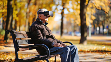 An elderly man sits on a bench wearing VR headset glasses, virtual reality. A man with Parkinson's disease walking in city park