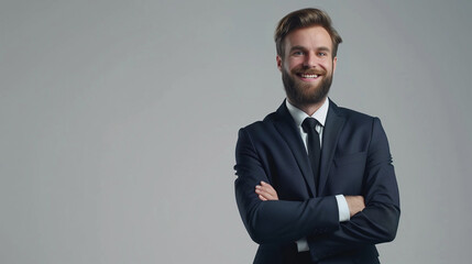 Happy smiling businessman with crossed arms pose, with blank copyspace area for text or slogan, against grey background .