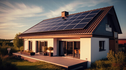 Obraz premium A brand new structure with dark solar panels. newly constructed homes with solar panels on the roof under a bright sky.