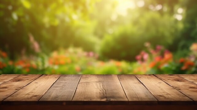 The empty wooden table top with blur background of garden. Exuberant image. generative ai