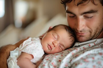 A father's gentle touch lulls his newborn son to sleep in the comfort of their cozy indoor room, creating a tender bond between parent and child
