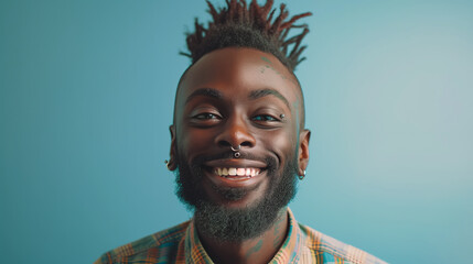 Head shot of african american bearded guy with pierced ear casual shirt smiling looking at camera. - obrazy, fototapety, plakaty