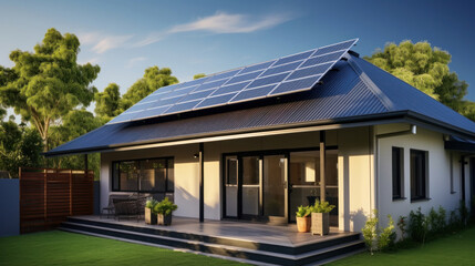 A brand new structure with dark solar panels. newly constructed homes with solar panels on the roof under a bright sky. - obrazy, fototapety, plakaty