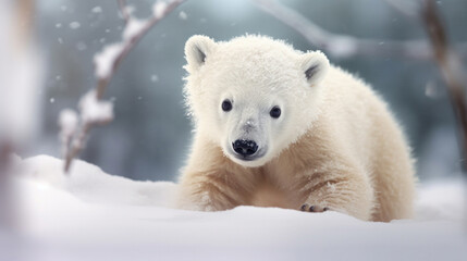 A cute baby polar bear in snow winter.