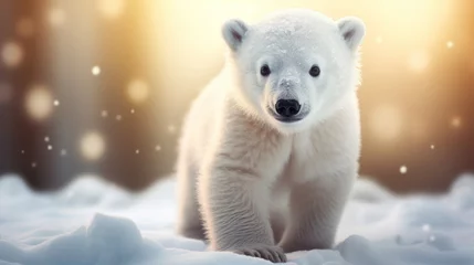 Foto op Plexiglas A cute baby polar bear in snow winter. © Wararat