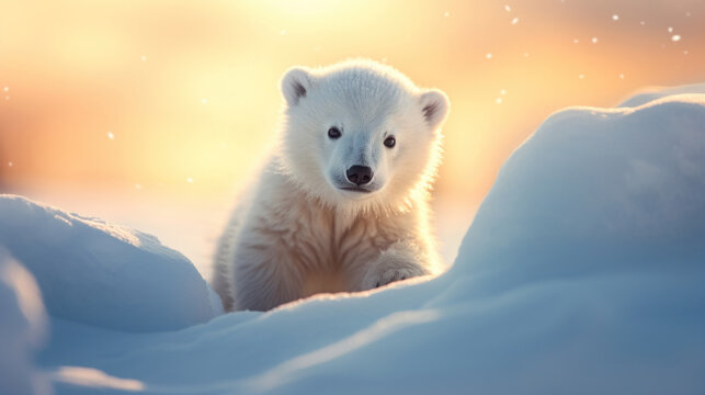 A cute baby polar bear in snow winter.