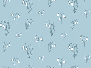 Spring seamless pattern of Doodle Outline Snowdrops. Cute hand drawn silhouette Blooming Flower on blue background. Seasonal botanical Floral pattern for wallpaper, fabric print, covers