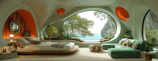 Interior of a modern bedroom with sea view