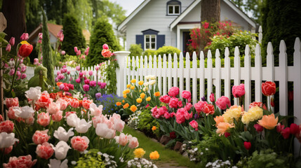 A charming spring garden with a white picket