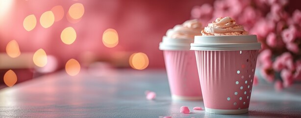 Two paper cups with cappuccino and coffee beans on pink background