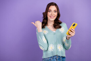 Photo of brunette girl in blue shirt directing finger innovation feature upgrade new apple iphone...