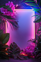 Neon frame mockup with Tropical leaves and flowers - 742943317