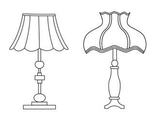 Stylish lamp, Modern lamp interior in bedroom, Electric table, floor lamps, lampshades, Different interior light standing and hanging.