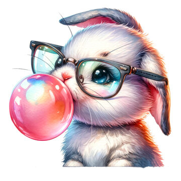 Cute Bunny With Glasses Blowing Bubble, Rabbit With Glasses Blowing Gum, Rabbit Watercolor, Bunny Clipart, Animal Watercolor, Adorable Illustrated Rabbit Wearing Eyeglasses And Blowing A Bubble