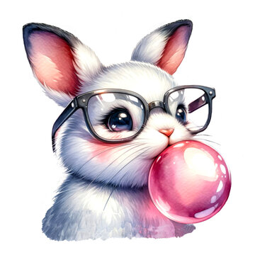Cute Bunny with Glasses Blowing Bubble, rabbit with Glasses Blowing Gum, rabbit watercolor, bunny clipart, animal watercolor, Adorable illustrated rabbit wearing eyeglasses and blowing a bubble