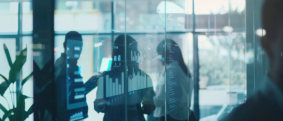 People interact with digital charts and analytics in a contemporary business environment.