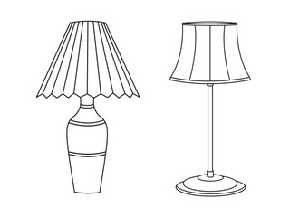 Stylish lamp, Modern lamp interior in bedroom, Electric table, floor lamps, lampshades, Different interior light standing and hanging.