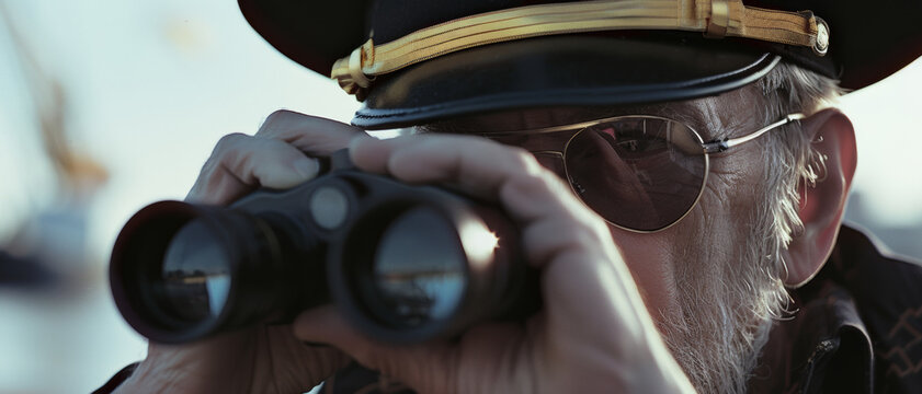 Captain's gaze through binoculars, seeking horizons at dusk.