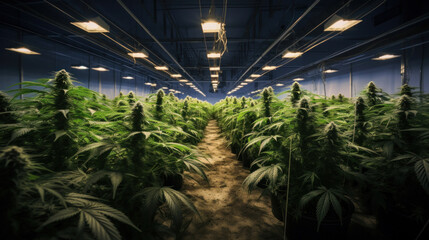 Cannabis grow in green house. Rows of plants.
