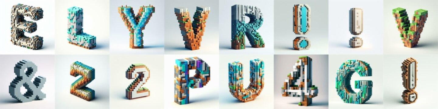 Pixelated letters shape 3D Lettering Typeface. AI generated illustration