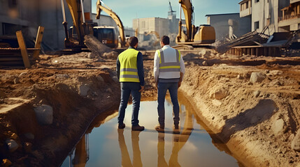 Engineers examining drainage systems and discussing water management strategies while standing on a construction site amidst excavated trenches and pipe installations. 