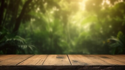 The empty rustic wooden plank table top with blur background of jungle. Exuberant image. generative...