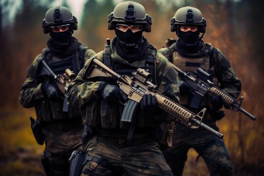 Special Forces Soldiers in Full Gear During a Tactical Forest Operation