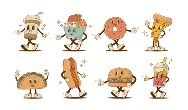Set of retro cartoon food and drink characters vector illustration. Vintage pizza, donut, hot dog, burger, coffee, latte, ice cream, taco, smoothie mascot on white background. Fast food collection