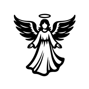Simple black and white vector illustration of an angel with wings and halo. Celestial guardian with wings. Archangel illustration no fill