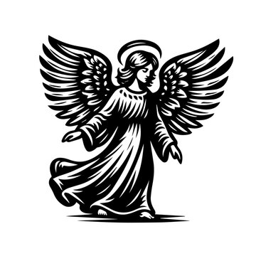 Simple black and white vector illustration of an angel with wings and halo. Celestial guardian with wings. Archangel illustration no fill