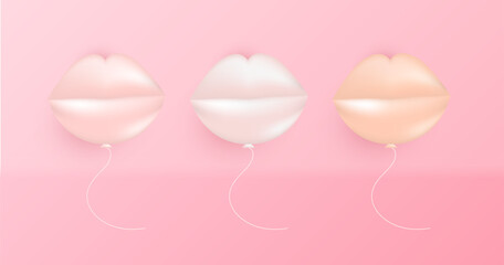Set of pastel powder color mouth balloons. Lips element design for women, valentine, wedding day vector background on pink.