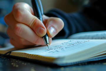 Male hand writing in notebook with pen. Close up, focus on hand.