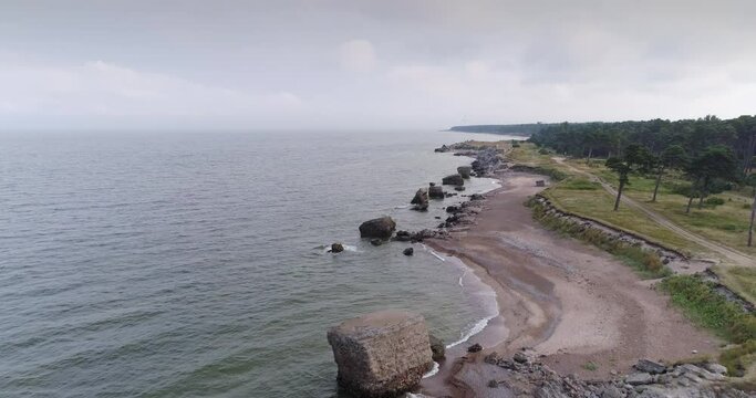 Aerial drone shot of abandoned 19th century coastal defence battery Karosta Northern Fort, Liepāja, Latvia