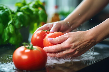 Close up hand of maid washing tomato fresh vegetables preparation healthy food in kitchen.