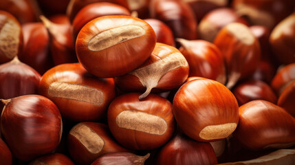 Close up of chestnuts. Pile of ripe chestnuts. - obrazy, fototapety, plakaty