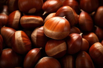 Close up of chestnuts. Pile of ripe chestnuts. - obrazy, fototapety, plakaty