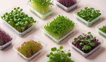 Microgreens in a plastic trays on pastel background top view. Microgreen sprouts,germination of seeds at home. Vegan and healthy food concept. Generative AI - obrazy, fototapety, plakaty