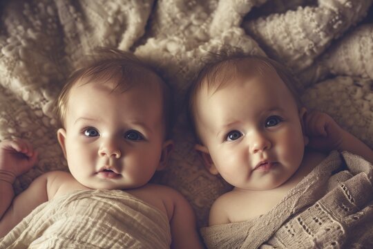 Gemelos beb&eacute;s envueltos en mantas suaves